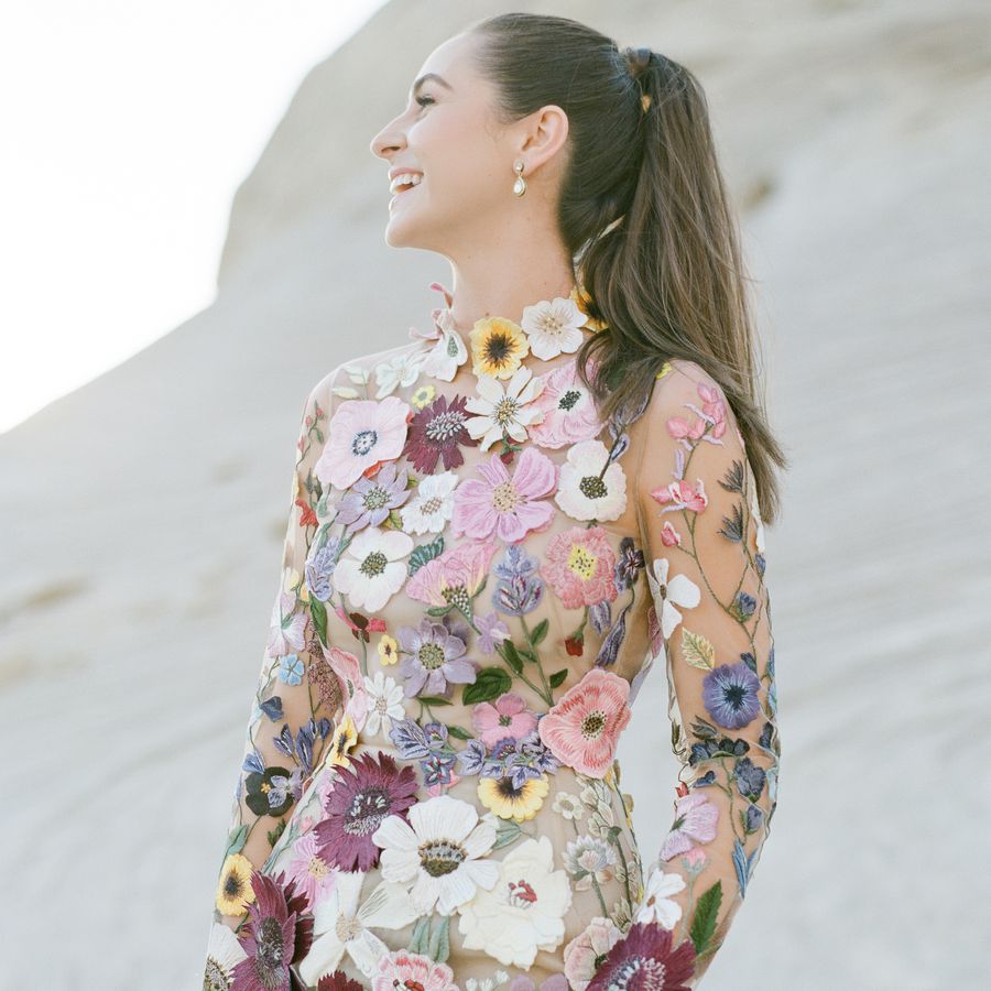 candid shot of someone wearing a fully floral dress