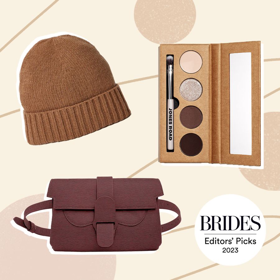 Collage of a brown beanie, a burgundy bag, and an eyeshadow palette