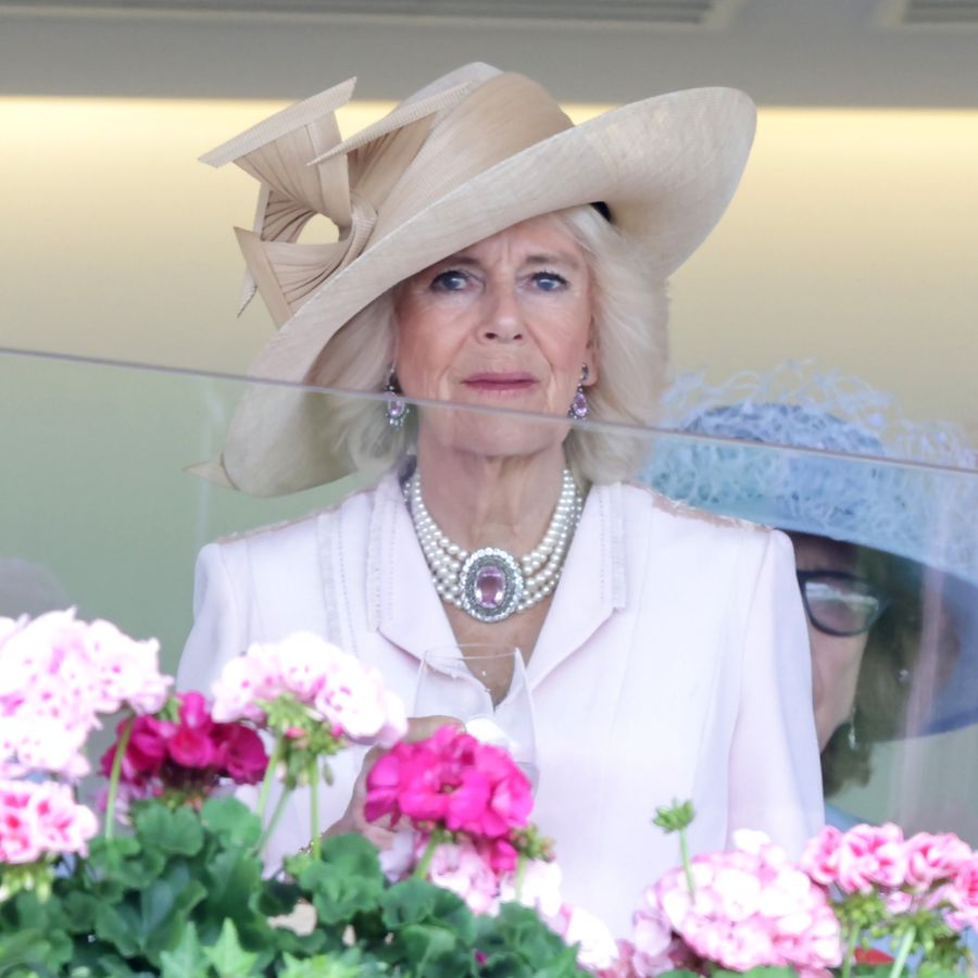 Queen Camilla in pink coat and beige hat sitting in the stands at the Royal Ascot