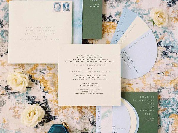 pastel wedding invitation suite with fan inserts