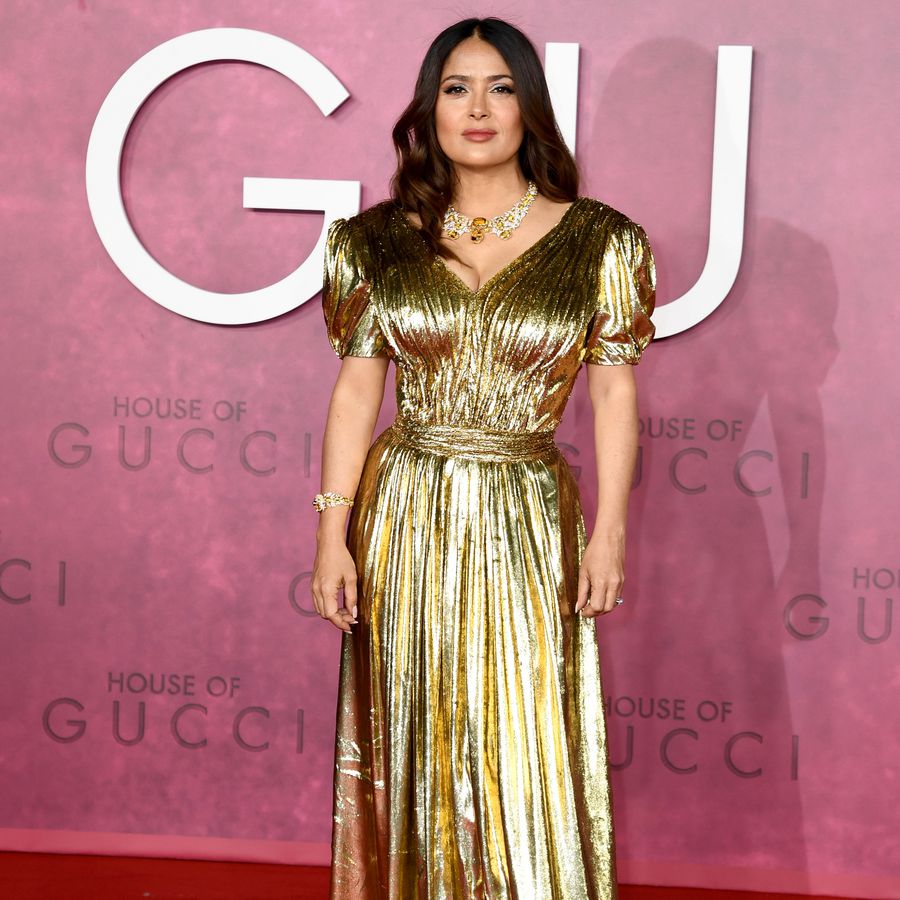 Salma Hayek wearing a gold gown