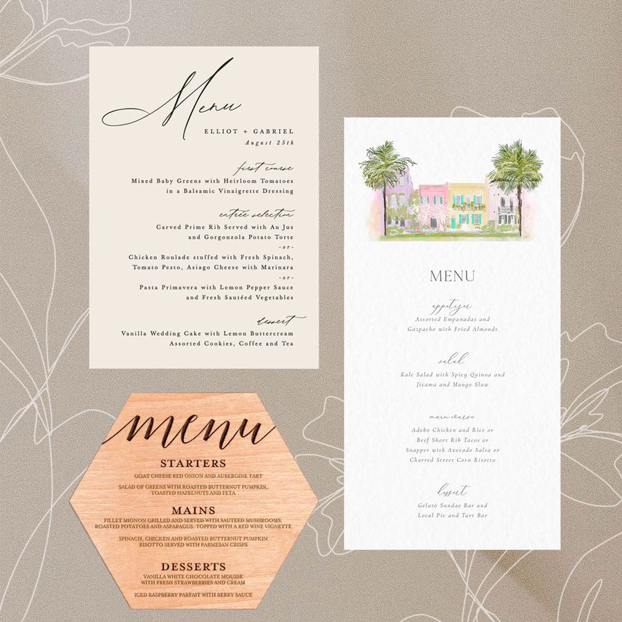 Wedding menus arranged on a brown packground