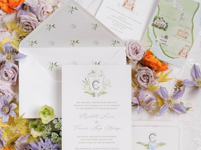 Colorful Wedding Invitation Suite, Wedding Flat Lay, With Purple, Orange, and Yellow Flowers